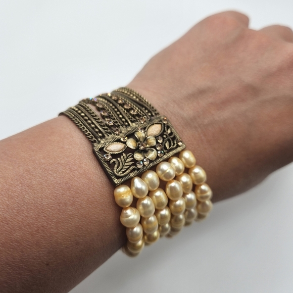 VINTAGE Champagne Freshwater Pearl Pink Rhinestone Chain Stretch Bracelet - Picture 6 of 8